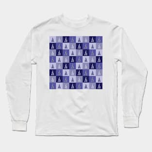 Blue Checkered Christmas Trees Pattern Long Sleeve T-Shirt